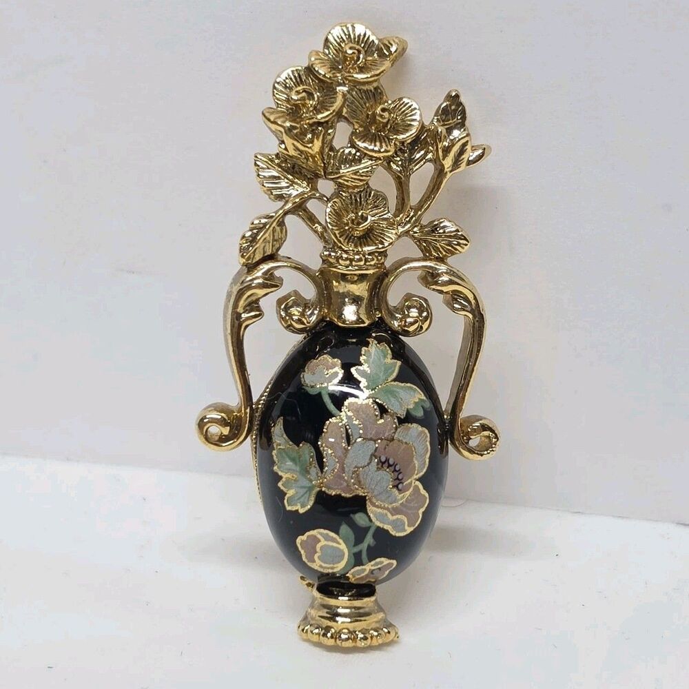 Vintage Flowers In Vase Pin Brooch Floral Black Enamel Gold Tone Filigree Boho